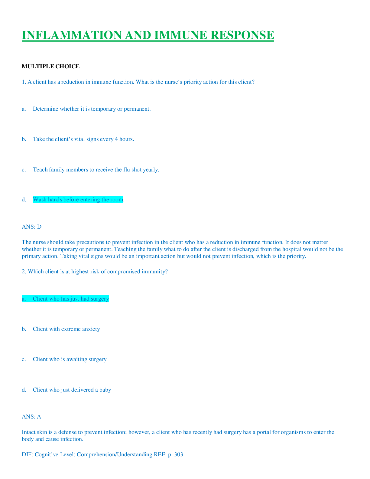Preview image for ATI MEDICAL SURGICAL NURSING,INFLAMMATION AND THE IMMUNE RESPONSE QUIZ BANK WITH ALL CORRECT QUESTIONS AND ANSWERS,WELL ARRANGED AND 100% GUARANTEED